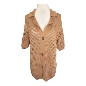 ASOS‎ DESIGN Tan Crochet Knit Button Front Collared Short Sleeve Cardigan Top XS